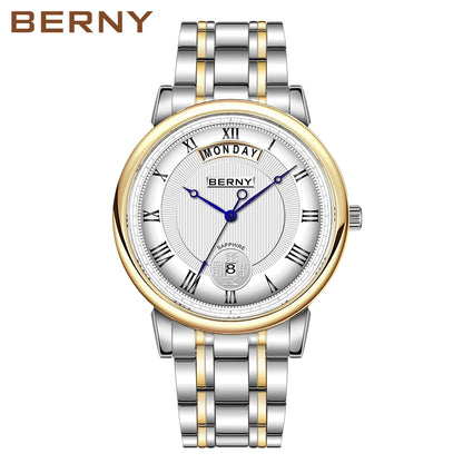 Montre à quartz pour homme BERNY, équipée d'un mouvement Miyota VJ55, modèle de luxe de haute qualité avec affichage du jour, boîtier en acier inoxydable, verre saphir et étanchéité.