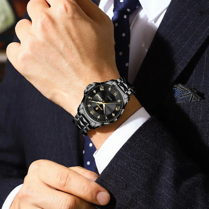POEDAGAR herenhorloge, origineel luxemodel, waterdicht, verlicht, met datum- en dagweergave, elegante stijl, roestvrijstalen kast, quartz uurwerk, ideaal voor op het werk.