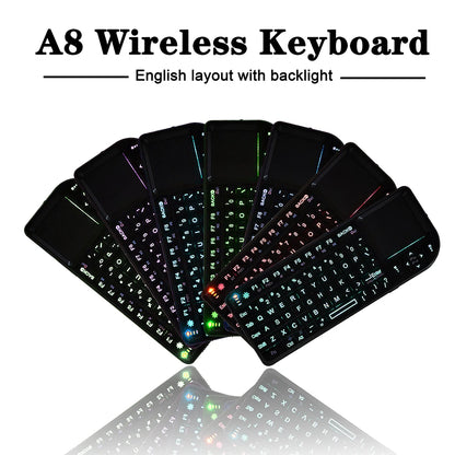 Teclado inalámbrico A8 Mini 2.4G con retroiluminación de 7 colores, teclado portátil 3 en 1 con panel táctil y Air Mouse para Android TV Box, PC y tablet
