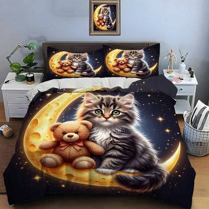 Conjunto de capa de edredão com padrão de gato fofo e ursinho na lua, estampado digital colorido, roupa de cama em poliéster com fecho de correr, para presentes de criança