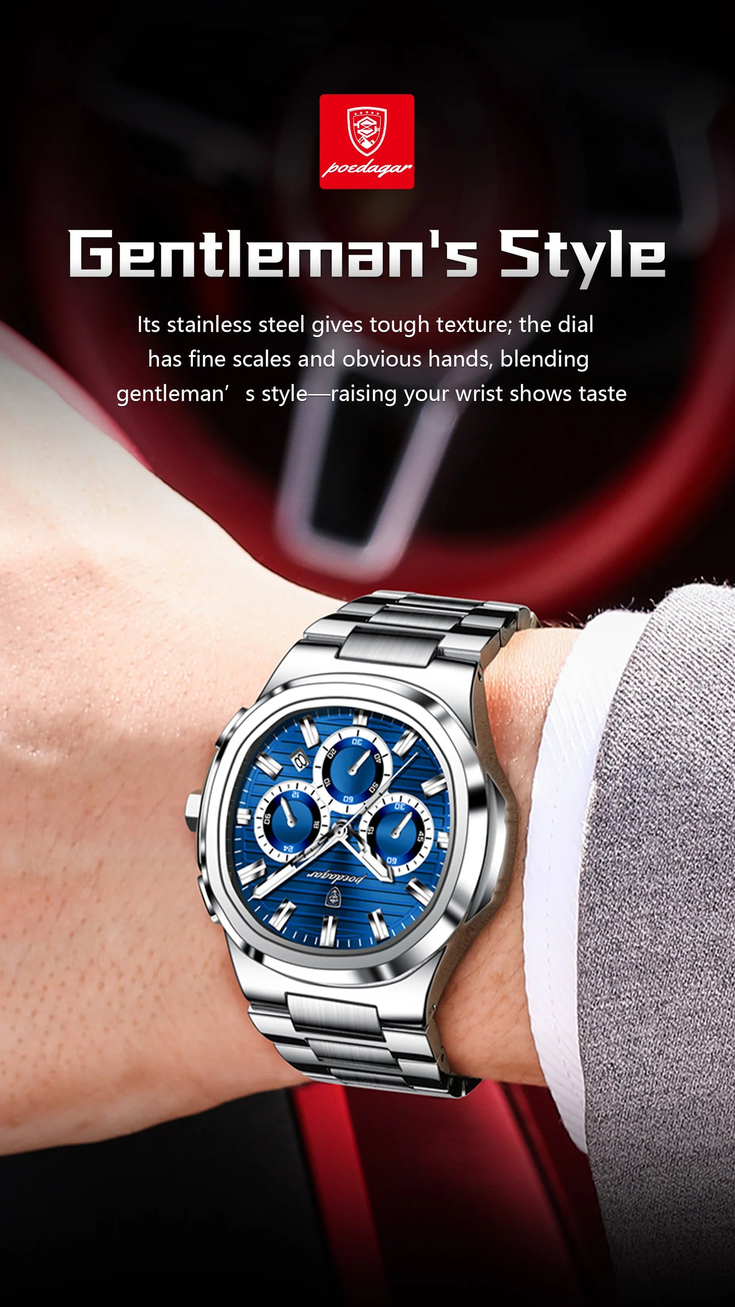 POEDAGAR Men’s Luxury Stainless Steel Quartz Watch  Waterproof Chronograph with Luminous Dial & Date
