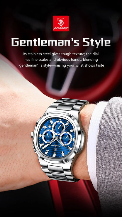 POEDAGAR Men’s Luxury Stainless Steel Quartz Watch  Waterproof Chronograph with Luminous Dial & Date