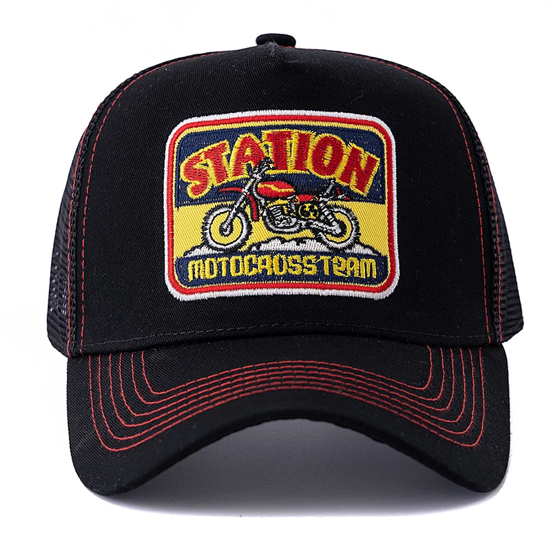 Hot Sale Unisex Mesh Trucker Hat Classic Motorcycle Pattern Breathable Summer Baseball Cap Streetwear Cap for Men Women