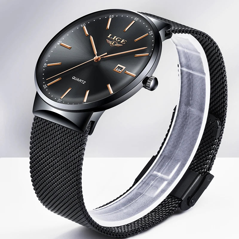 Montre pour homme LIGE, modèle élégant et luxueux, ultra-fin, étanche, avec bracelet en maille, mouvement à quartz, affichage de la date et calendrier – idéale pour un style professionnel.