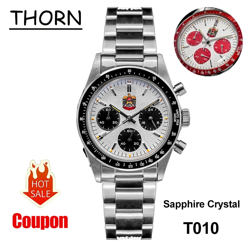 Thorn T010 37mm Quartz Watch VK63 Movement Mens Chronograph Watch Sapphire K9 Glass Luminous Waterproof Fashionable Retro Watch