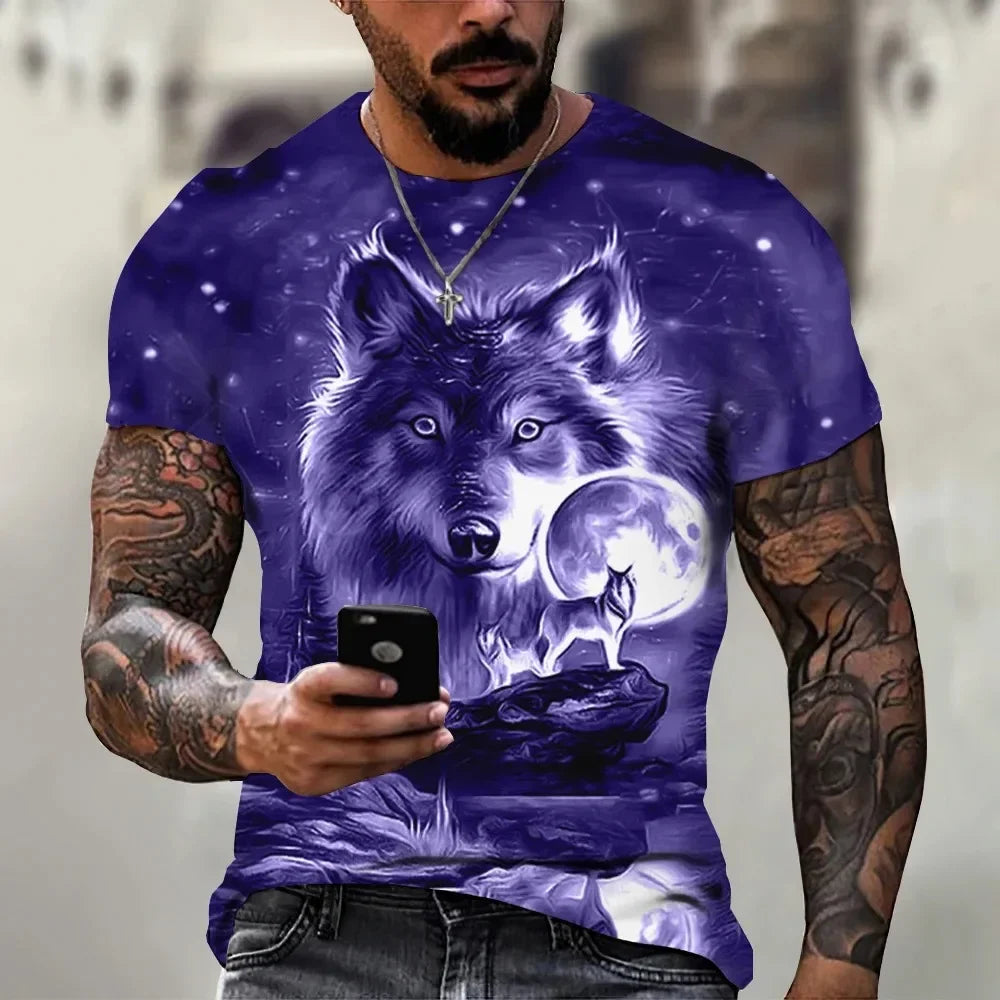 Módne pánske tričko s potlačou „Wolf Roar“, letné ležérne tričko s okrúhlym výstrihom, trendové streetové oblečenie pre mužov, voľné tričká na každodenné nosenie