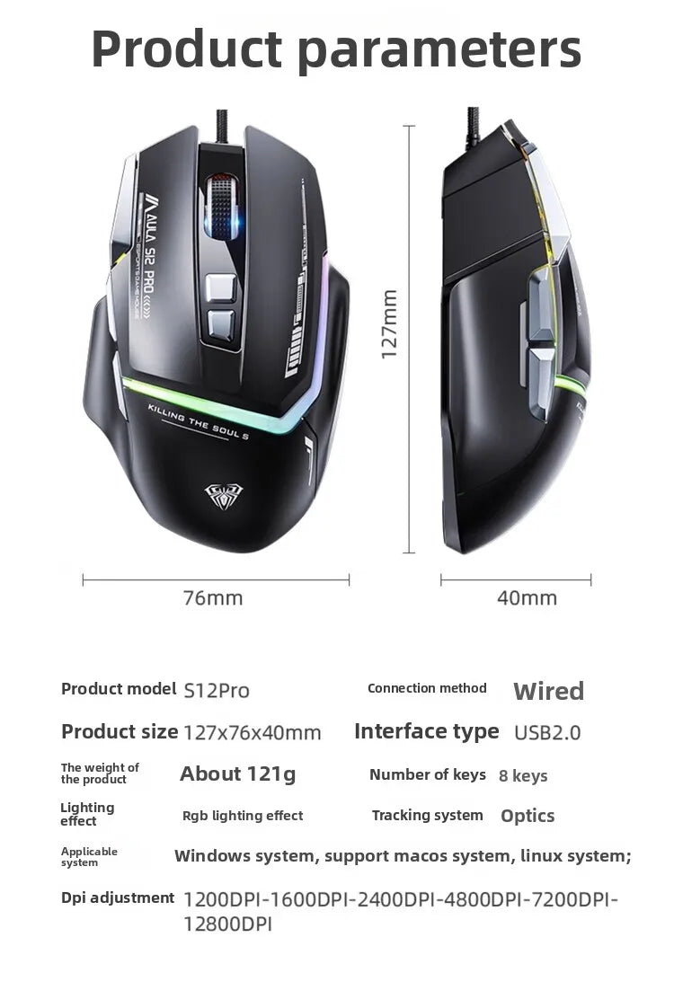 Akční nabídka AULA S12 Pro drátová herní myš 12800 DPI s RGB podsvícením, 8 programovatelnými tlačítky a ergonomickým designem pro PC a notebooky
