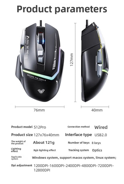 Akční nabídka AULA S12 Pro drátová herní myš 12800 DPI s RGB podsvícením, 8 programovatelnými tlačítky a ergonomickým designem pro PC a notebooky