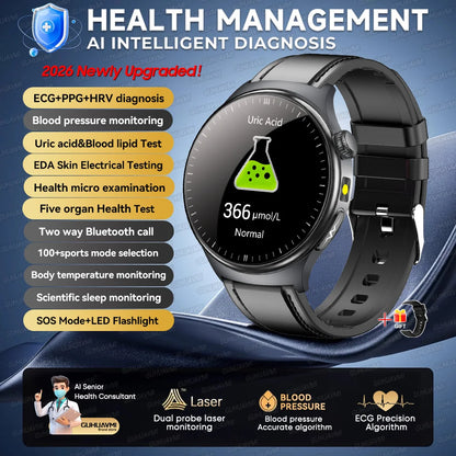 2026 AI Health Smartwatch ECG + PPG, Blood Pressure, Uric Acid & Body Fat Monitoring, AMOLED Display & Bluetooth Calling