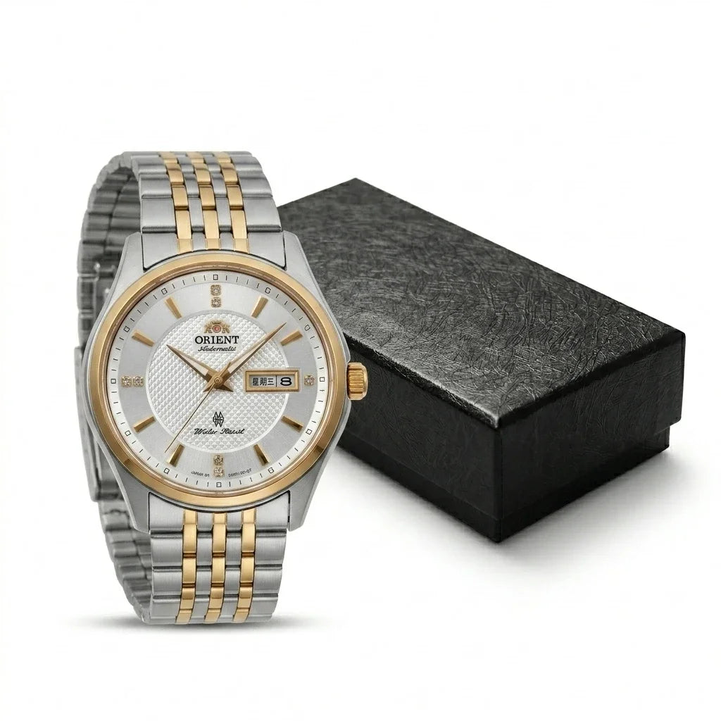 Orient automatisch mechanisch herenhorloge, met dubbele kalender (datum en dag van de week), kristallen indexen en roestvrijstalen armband – Polshorloge in professionele stijl