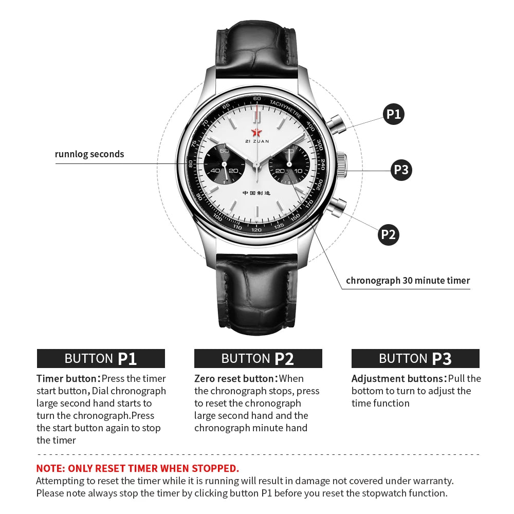Red Star Panda Mens 1963 Chronograph Mechanical Wristwatch Seagull st1901 Movement Gooseneck 40mm Luminous Sapphire Pilot Watch