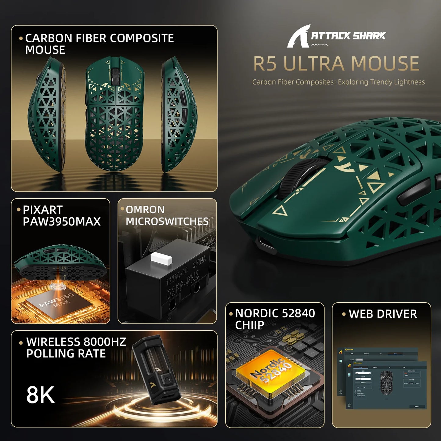 ATTACK SHARK R5 Ultra trådløs gamingmus i kulfiber, PixArt PAW3950MAX-gamingsensor, 42000DPI, 8000Hz, MCU Nordic 52840