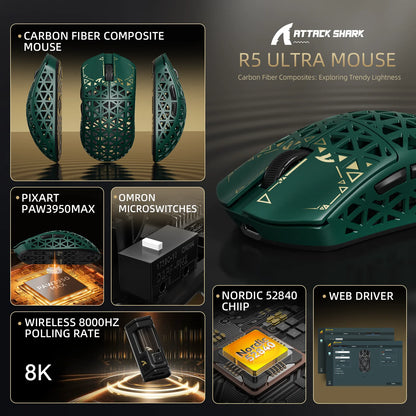 ATTACK SHARK R5 Ultra trådløs gamingmus i kulfiber, PixArt PAW3950MAX-gamingsensor, 42000DPI, 8000Hz, MCU Nordic 52840