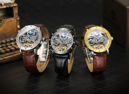 Reloj de pulsera mecánico automático SKROX para hombre, modelo esqueleto con función GMT, fase lunar y tourbillon: reloj de lujo de alta gama, elegante y original.