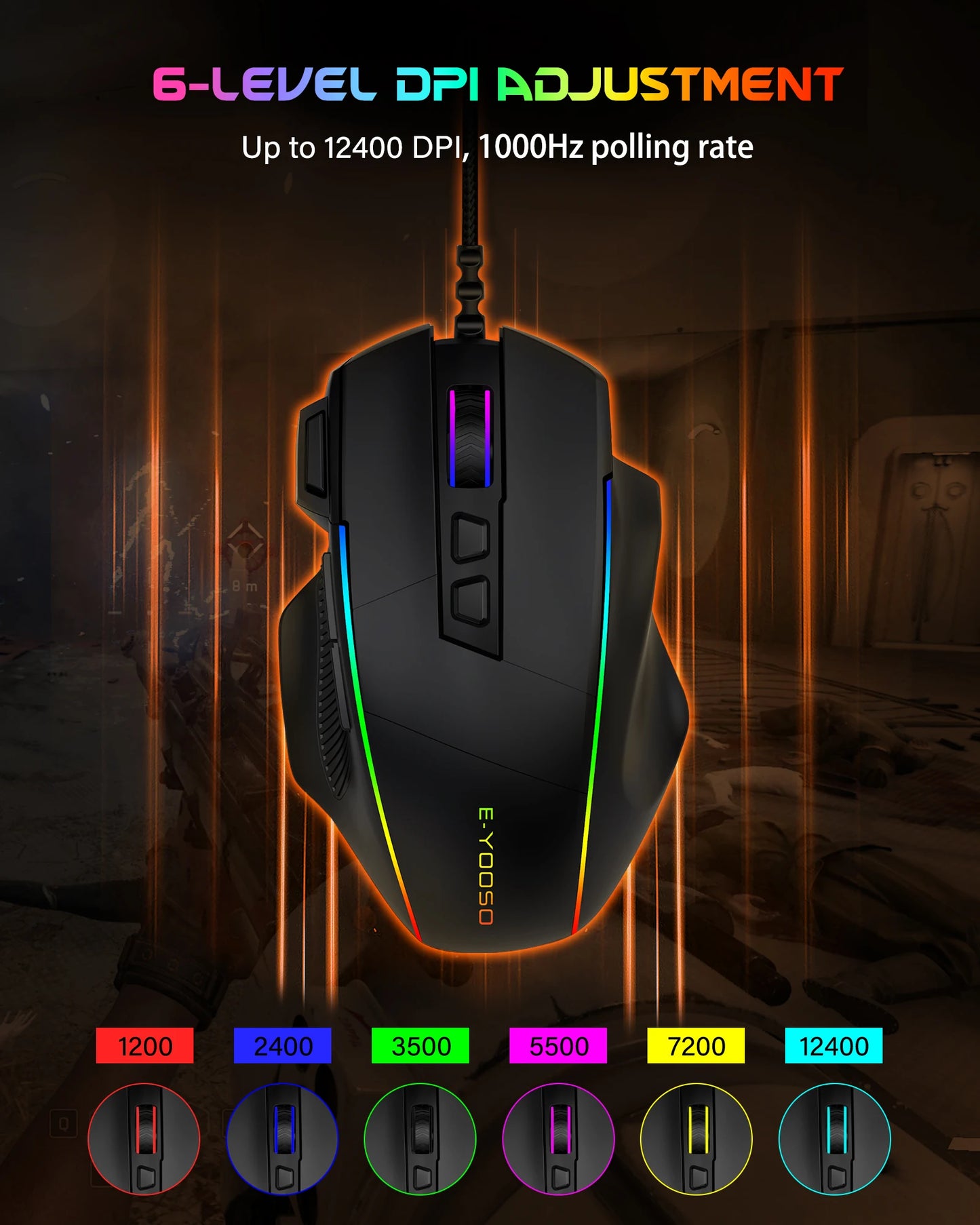 E-YOOSO X49 kabelgebundene Gaming-Maus, 12400 DPI einstellbar, RGB-beleuchtet, 8 programmierbare Tasten, ergonomische Gamer-Maus für PC und Laptop