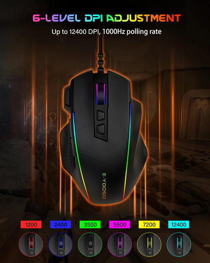 E-YOOSO X49 kabelgebundene Gaming-Maus, 12400 DPI einstellbar, RGB-beleuchtet, 8 programmierbare Tasten, ergonomische Gamer-Maus für PC und Laptop