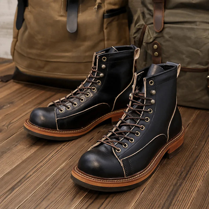 KOWM cowhide Hiking shoes men's walking boot British trekking shoes thick soled cowhide high top motorcycle boots ankle sneakers