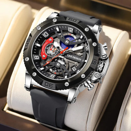Montre pour homme LIGE Sports – Chronographe de luxe, bracelet en silicone, petits cadrans fonctionnels, mouvement à quartz, étanche et luminescente
