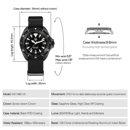 Orologio di lusso da uomo Watchdives WD1980 V3 con movimento al quarzo VH31 Sweep Seconds, vetro zaffiro con rivestimento AR e impermeabilità 10Bar