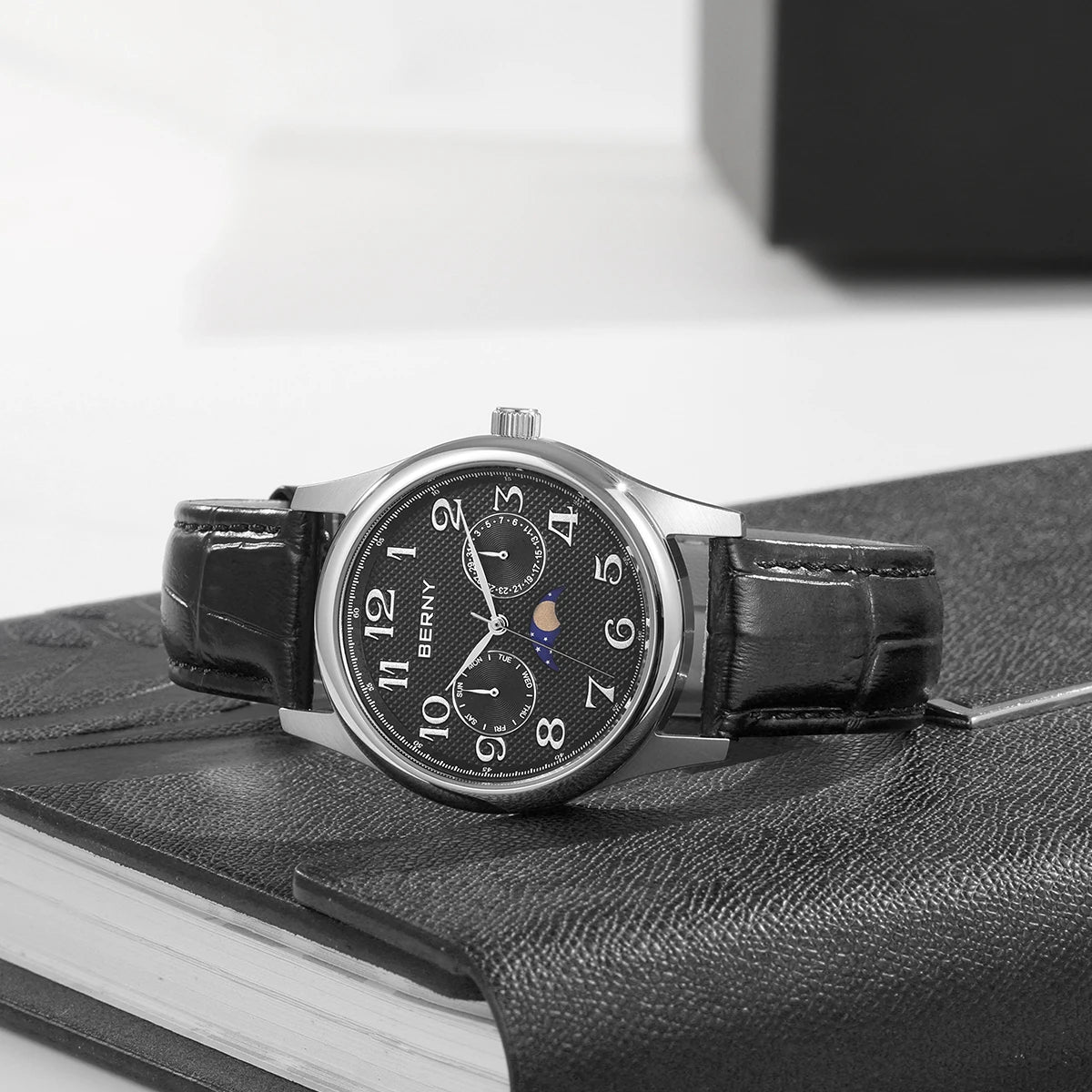 BERNY Watches for Men Moon Phase Quartz Men's Watch Day and Date Calendar Easy Read Vintage-Style Business Dress Wristwatch