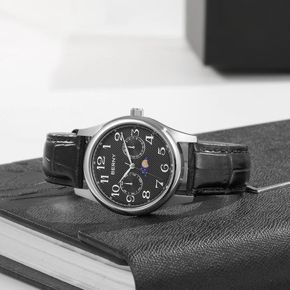 BERNY Watches for Men Moon Phase Quartz Men's Watch Day and Date Calendar Easy Read Vintage-Style Business Dress Wristwatch