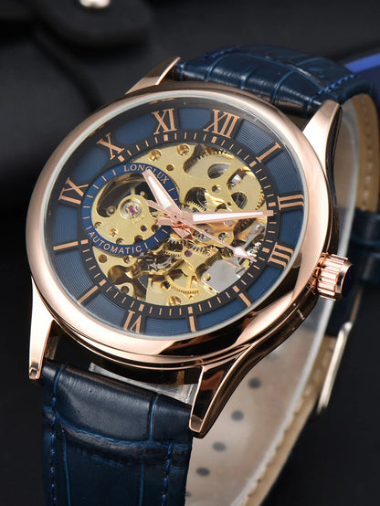 Reloj automático para hombre, estilo de lujo, esfera con números romanos, mecanismo a la vista (esqueleto), resistente al agua, agujas luminiscentes, correa de piel: una opción ideal para regalar.