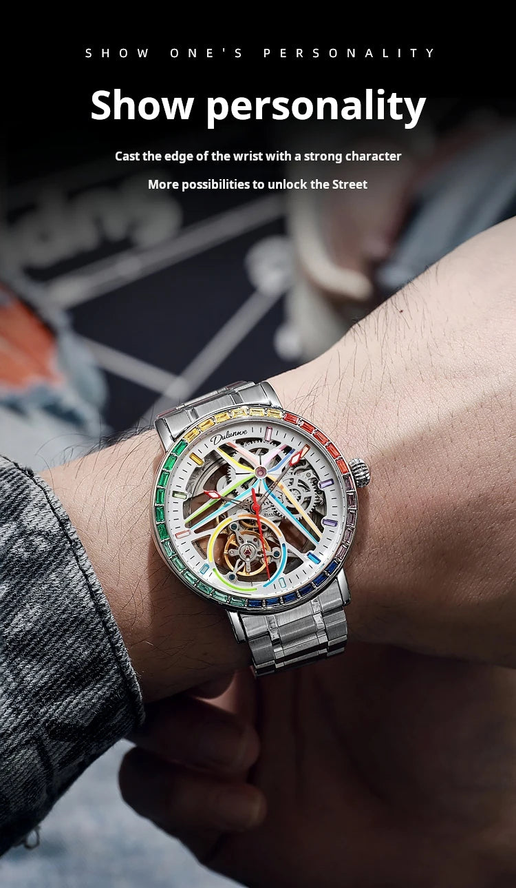 Rainbow Colored Gemstone Tourbillon Fashion Skeleton Watch Men Waterproof 30M Sports Watches Luxury Automatic Mechanical Clock