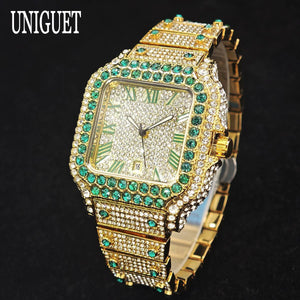 UNIGUET Big Diamond Watch Men Luxury Colored Roman Literal Watch Man Hip Hop Jewelry Bling Bling Square Wristwatch Dropshipping