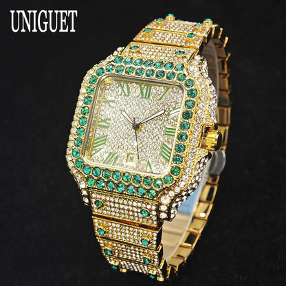 UNIGUET Big Diamond Watch Men Luxury Colored Roman Literal Watch Man Hip Hop Jewelry Bling Bling Square Wristwatch Dropshipping