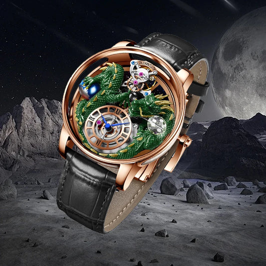 PINDU Fashion Roman Numeral Display Mineral Tempered Glass Material Quartz Movement 3ATM Waterproof Celestial Dragon Men's Watch
