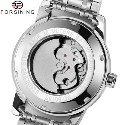 Ceas mecanic automat pentru bărbați Forsining – Stil de lux, business și fashion, brățară metalică, tourbillon, ace luminescente, împodobit cu diamante artificiale