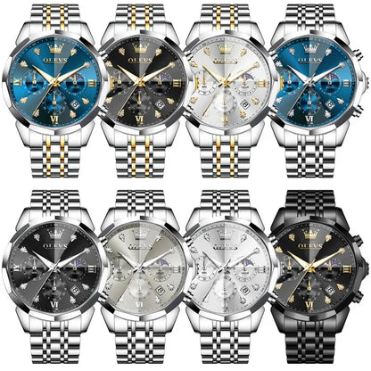Montre homme OLEVS 3670, élégante, à phase de lune, à quartz, étanche, lumineuse, automatique, date, en acier inoxydable