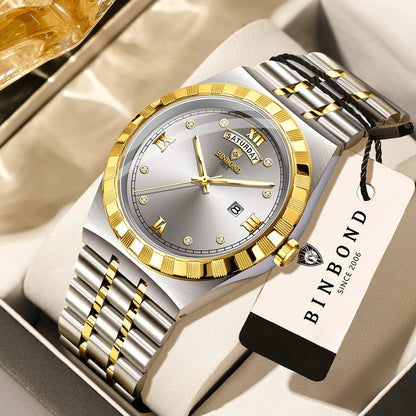 Montre pour homme de la marque originale BINBOND – Montre-bracelet à quartz, modèle de luxe, étanche et luminescent.