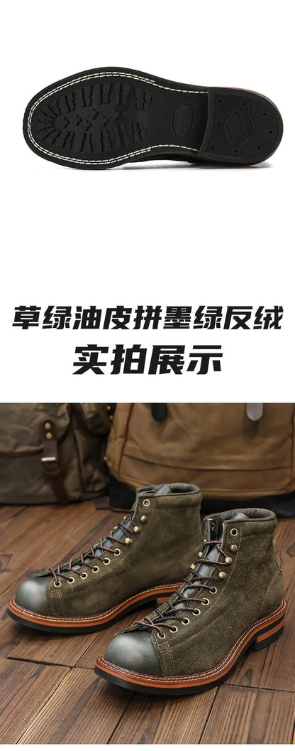 KOWM cowhide Hiking shoes men's walking boot British trekking shoes thick soled cowhide high top motorcycle boots ankle sneakers