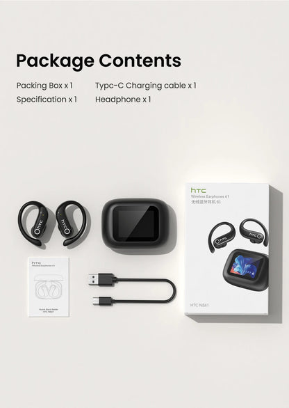 HTC NE61 Bluetooth Earphones – Premium Wireless Noise Reduction Sports Earbuds with AI Translator, Heart Rate Monitor & HD Bass
