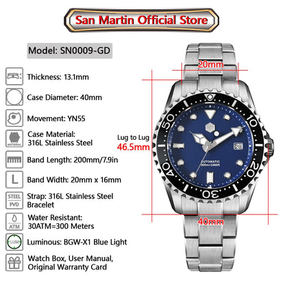 San Martin New 40mm Diver Watch YN55 Enamel Dial Classic Luxury Men Automatic Mechanical Watches Sapphire Waterproof 300m SN0009