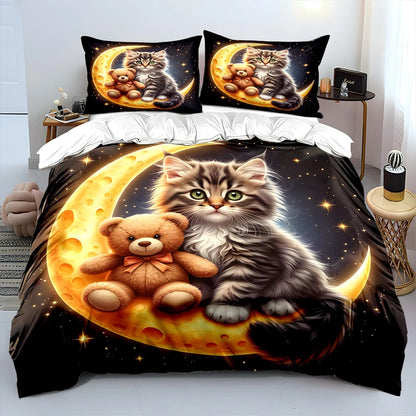 Conjunto de capa de edredão com padrão de gato fofo e ursinho na lua, estampado digital colorido, roupa de cama em poliéster com fecho de correr, para presentes de criança