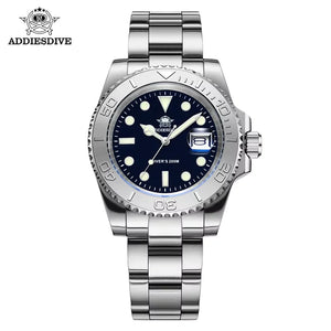 ADDIESDIVE Men's Quartz Watch 200m Waterproof Ceramic Bezel Steel Watch Magnifying Mirror Glass BGW9 Blue Luminous Diving Watch