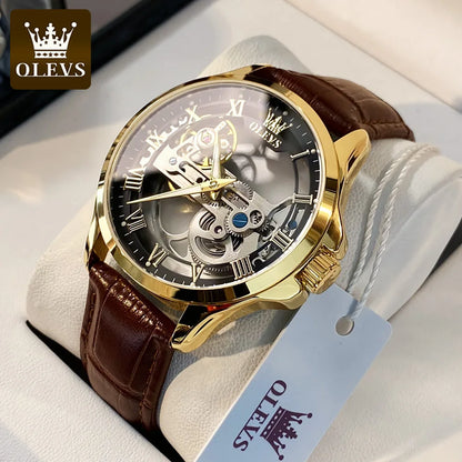 Reloj mecánico automático para hombre OLEVS 6661 – Modelo esqueleto totalmente transparente con volante a la vista, correa de piel, reloj de lujo original para hombre