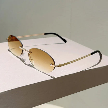 Rimless Oval Sunglasses Women 2026 Luxury Brand Vintage Small Frame Gold Metal Gradient Lens Y2K Punk Streetwear Fashion Eyewear