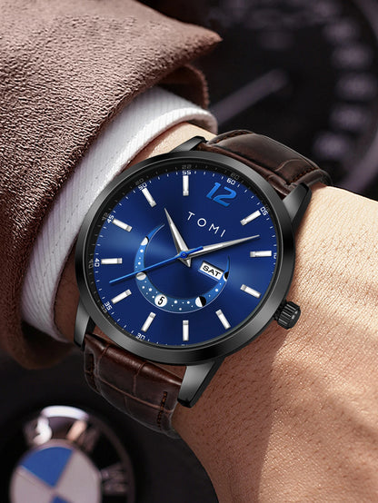 Montre à quartz TOMI, style business et élégant, avec bracelet en cuir, boîtier en alliage et cadran à aiguilles – Design haut de gamme, idée cadeau pour homme