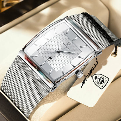 POEDAGAR Top Luxury Men Watch Stainless Steel Mesh Date Waterproof Luminous Man Wristwatch Casual Rectangle Quartz Men's Watches