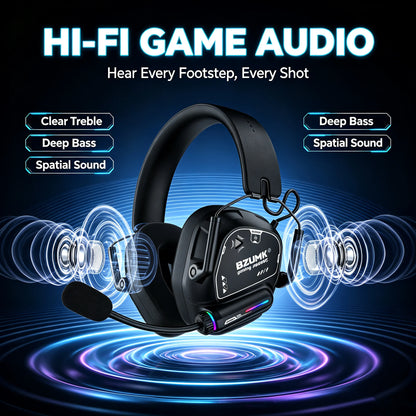 Casque de jeu sans fil BZUMK, écouteurs circum-auraux Bluetooth à faible latence avec micro, basses profondes, 50 mm, RGB, pour PC, PS4, PS5, ordinateur portable, gamer
