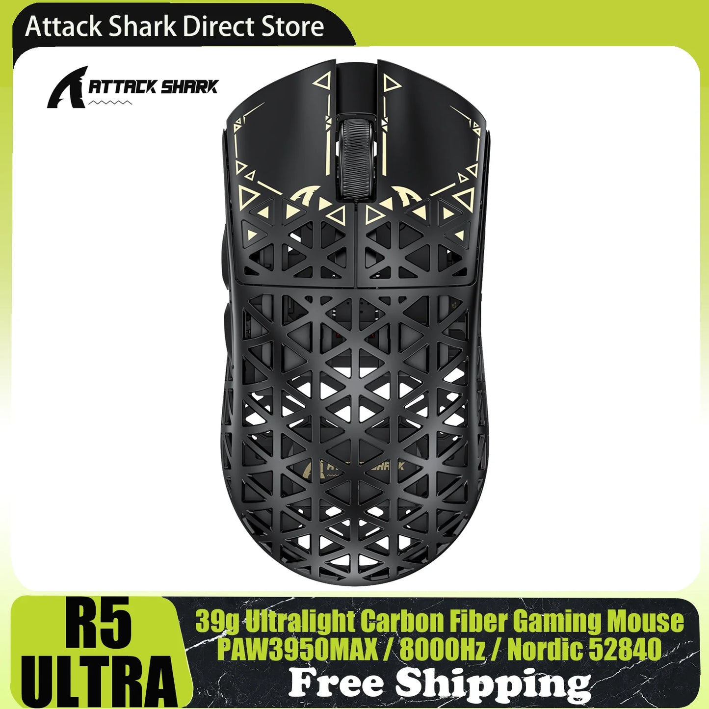 ATTACK SHARK R5 Ultra trådløs gamingmus i kulfiber, PixArt PAW3950MAX-gamingsensor, 42000DPI, 8000Hz, MCU Nordic 52840
