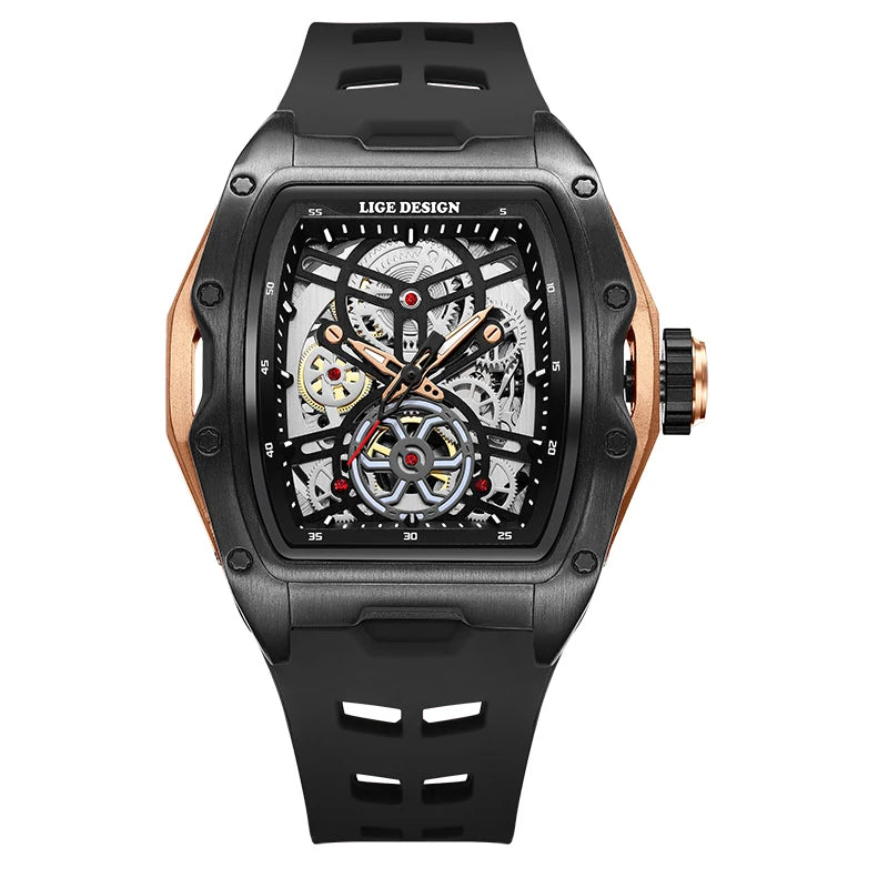 LIGE New Watches Mens Skeleton Mechanical Automatic Watch Top Brand Luxury Luminous 30M Waterproof Watch For Men reloj hombre