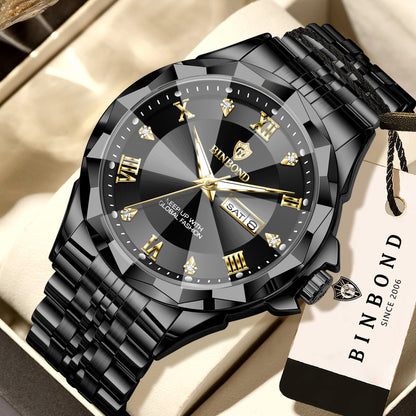 Montre à quartz pour homme BINBOND – Montre-bracelet de luxe, lumineuse et étanche, avec affichage du jour de la semaine et date automatique.
