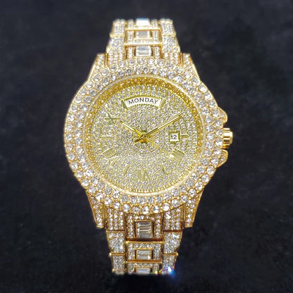 Luxury Diamond Watch for Men Fashion Bling Iced Out Day Date Watches Hip Hop Golden Stainless Steel Quartz Man Clock Hot Sale