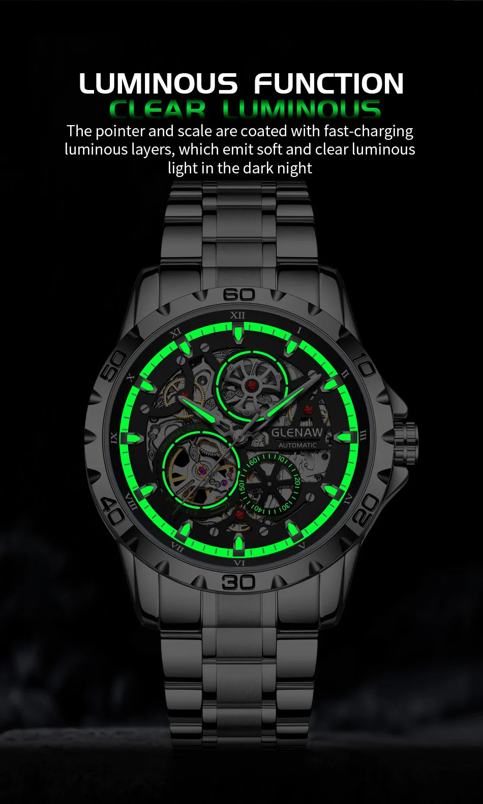 GLENAW Steampunk Skeleton Men's Watch Ring Luxury Automatic Mechanical Watches Luminous Waterproof Stainless Steel Strap Watch