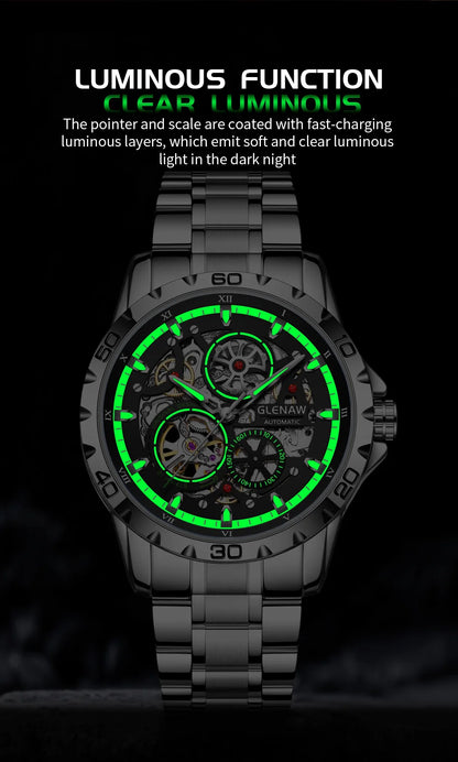 GLENAW Steampunk Skeleton Men's Watch Ring Luxury Automatic Mechanical Watches Luminous Waterproof Stainless Steel Strap Watch