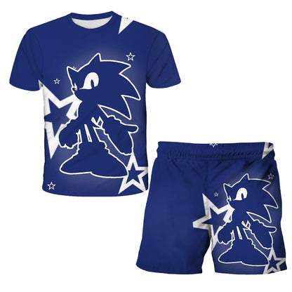 New Boys T-shirt Sonic The Hedgehog 3D T-shirt Set for Boys Girls Cute Summer Top + Shorts Children's Short-Sleeve Birthday Gift